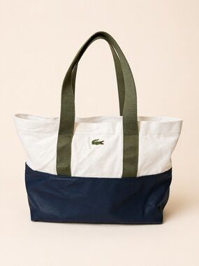 Lacoste Canvas Tote - White, Navy & Olive Green with Interior Zip Pouch